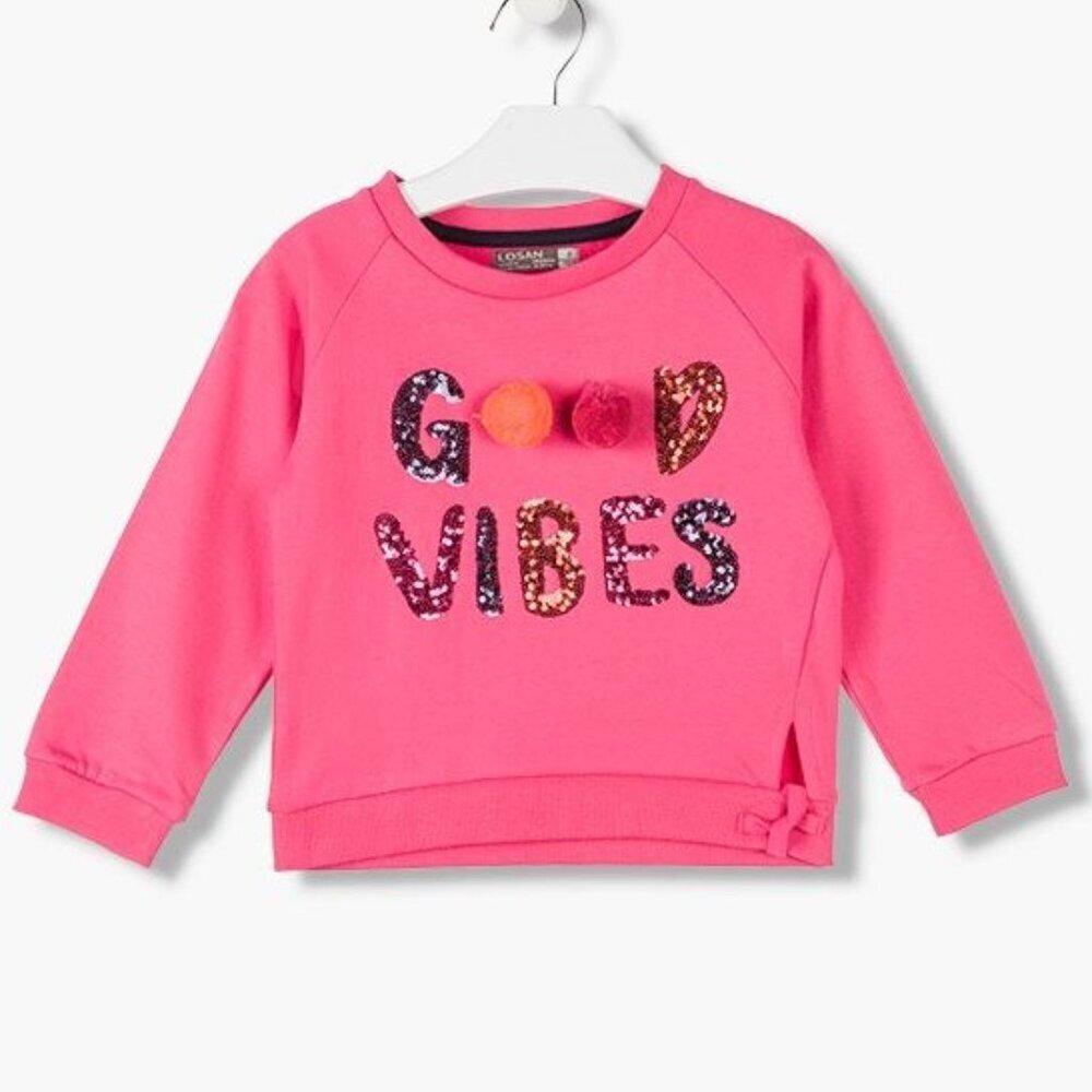 NWT LOSAN FUCHSIA SWEATSHIRT IN BRUSHED FLEECE WITH SEQUINS AND POMPONS